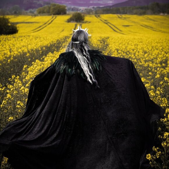 Women Feather Collar Velvet Cloak Vampire Cape Witch Queen Cosplay Costume - Picture 3 of 8